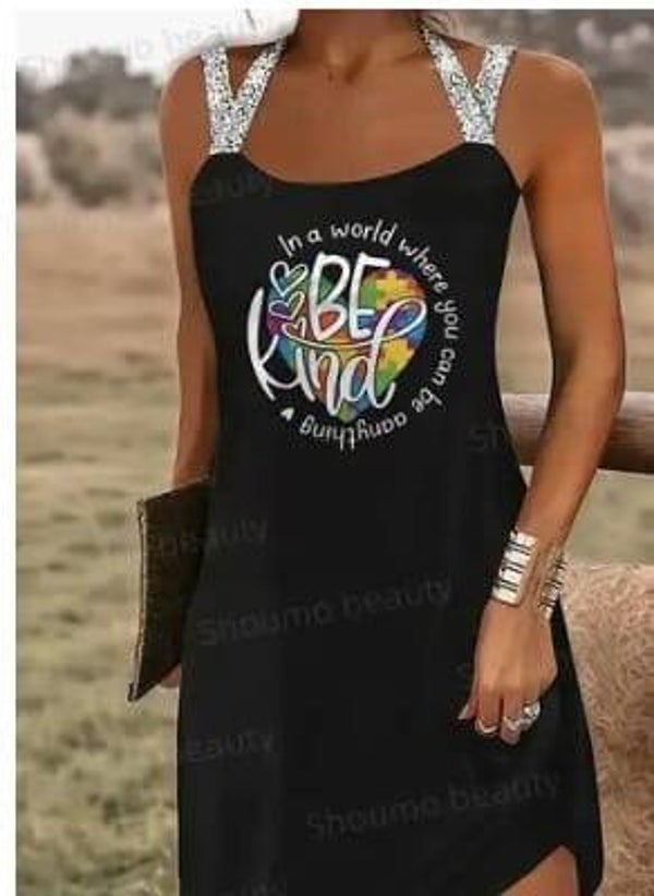 Black ' BE KIND'  Letter Print Tee Dress