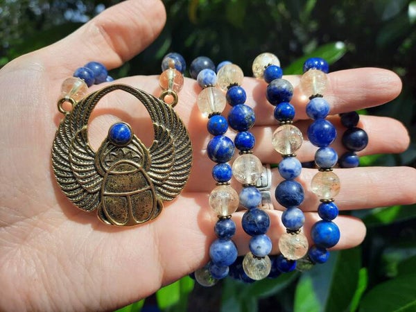 Mala 108 perles "Scarabée Bleu Doré Égyptien"