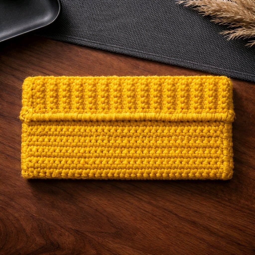 Clutch „Sonnengelb“ – handgehäkelt mit Struktur