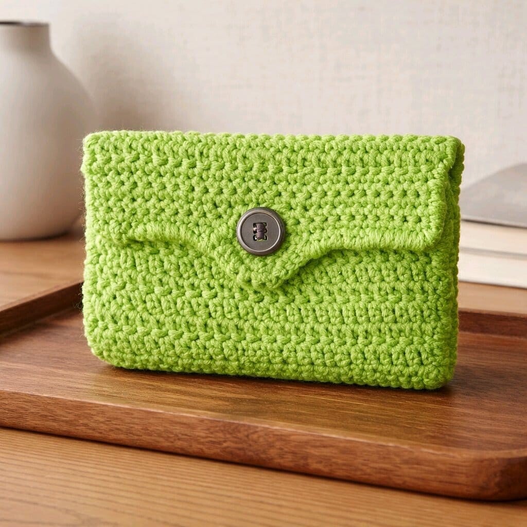 Mini-Tasche „Waldgrün & Grau“ – handgehäkelt mit Futter und Knopfverschluss