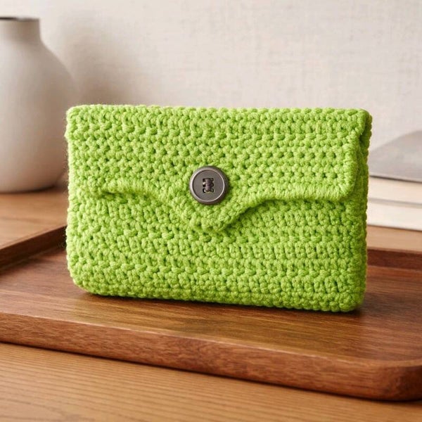 Mini-Tasche „Waldgrün & Grau“ – handgehäkelt mit Futter und Knopfverschluss