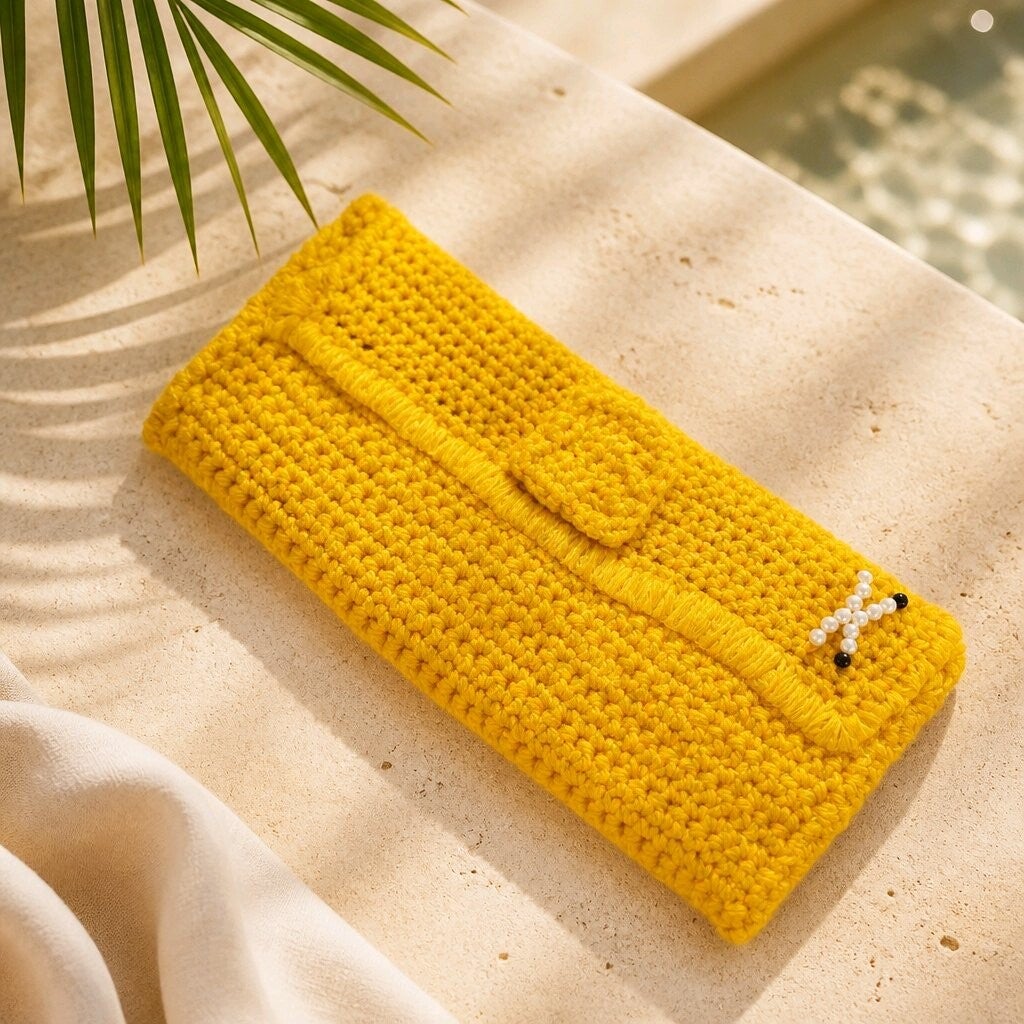 Clutch „Sonnenklar“ – handgehäkelt mit Detailverschluss