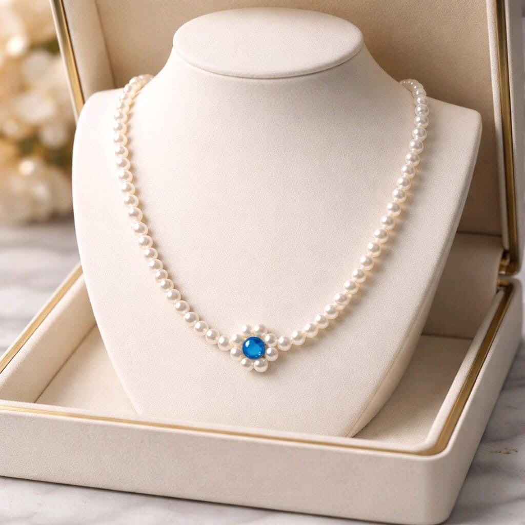 Frostblüte mit Goldfarbenen Verschluss– Handgefertigte Perlenkette in Weiß & Blau