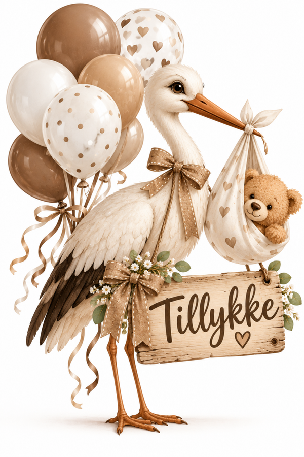 Fødselskort med stork og bamse – Tillykke med baby