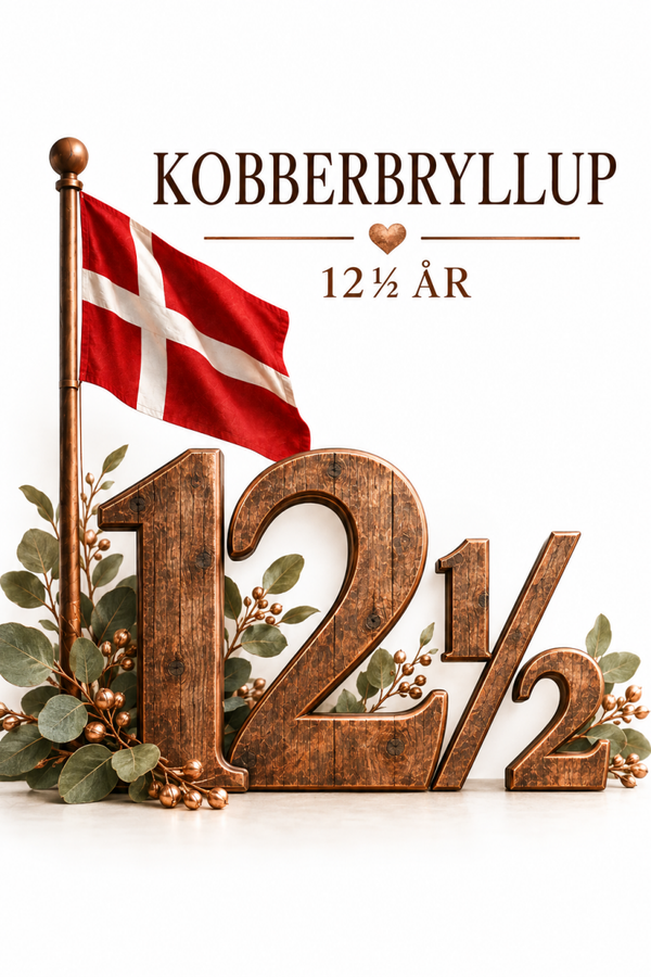 Kobberbryllupskort med Dannebrog og trætal – 12½ år
