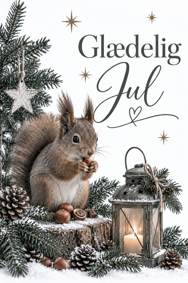 Julekort med egern, lanterne og grankogler – Glædelig Jul