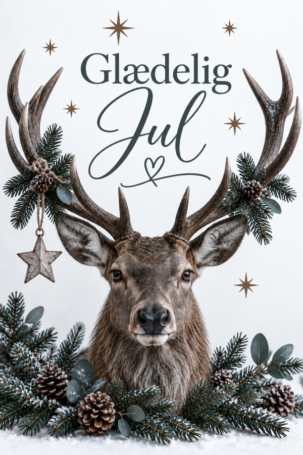 Julekort med krondyr, gevir og gran – Glædelig Jul