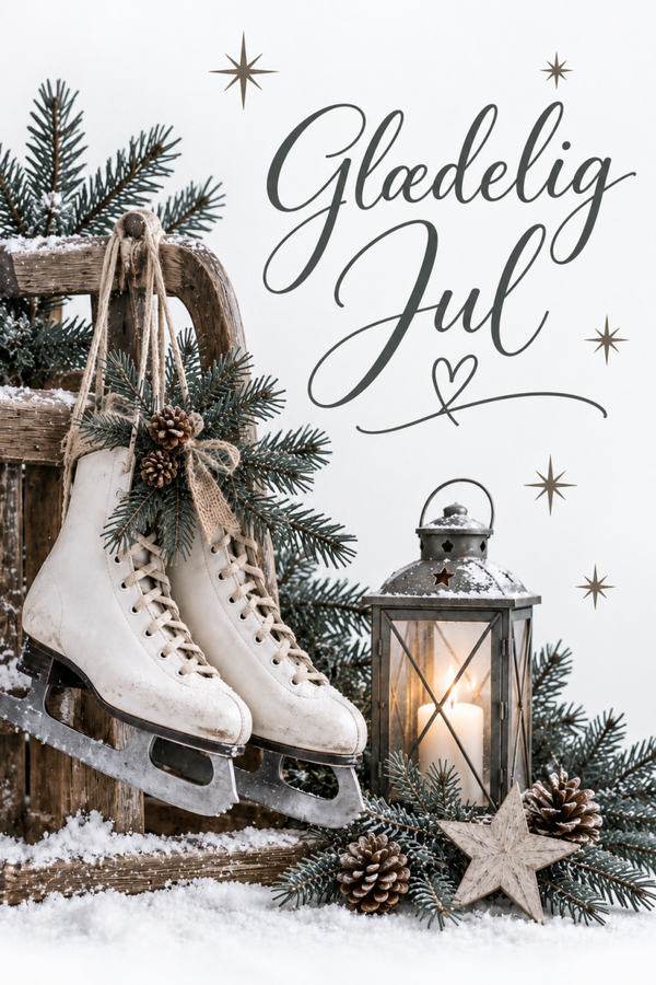 Julekort med skøjter, lanterne og gran – Glædelig Jul