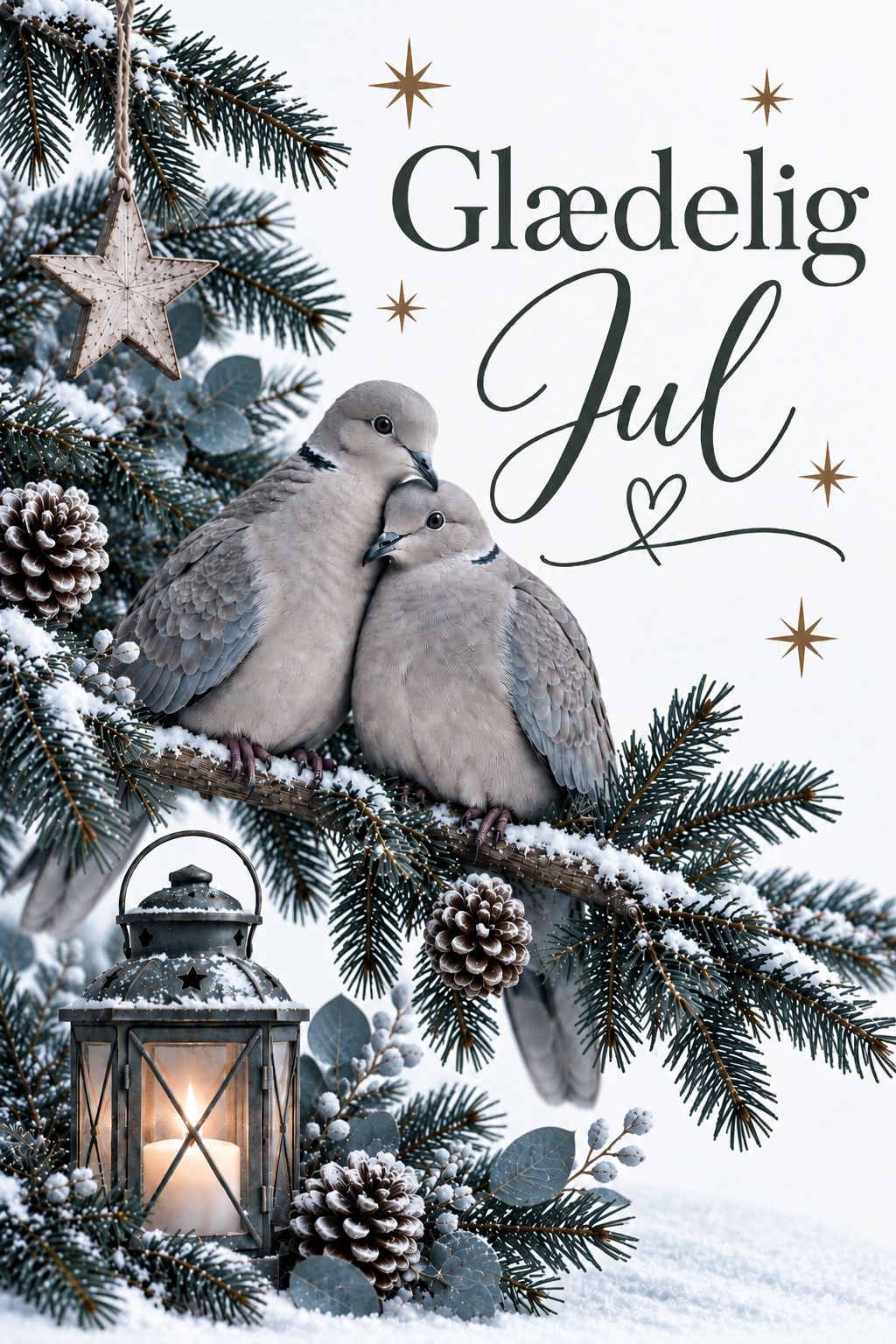 Julekort med to duer, gran og lanterne – Glædelig Jul