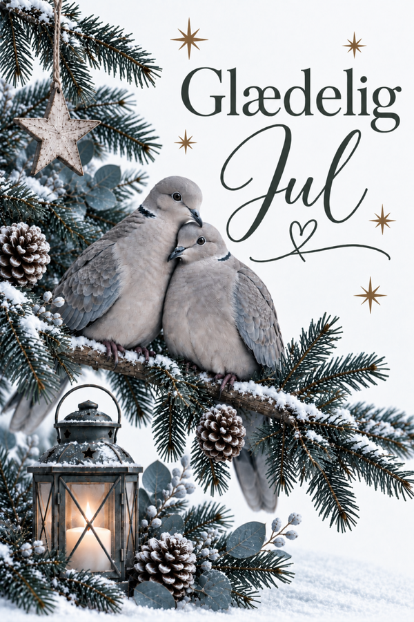 Julekort med to duer, gran og lanterne – Glædelig Jul