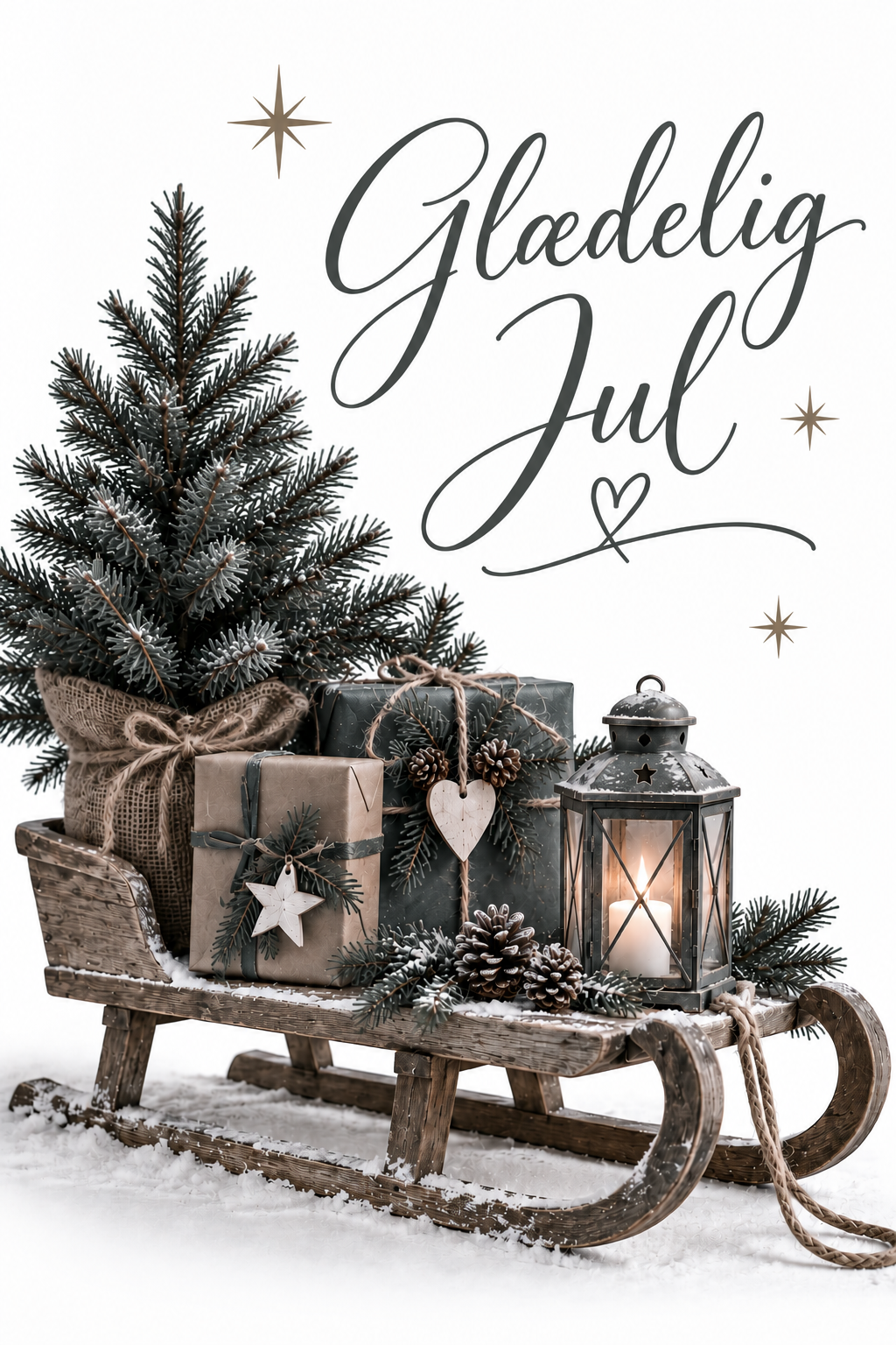 Julekort med grantræ, gaver og lanterne – Glædelig Jul