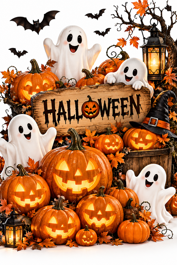 Halloweenkort med spøgelser og græskar – Happy Halloween
