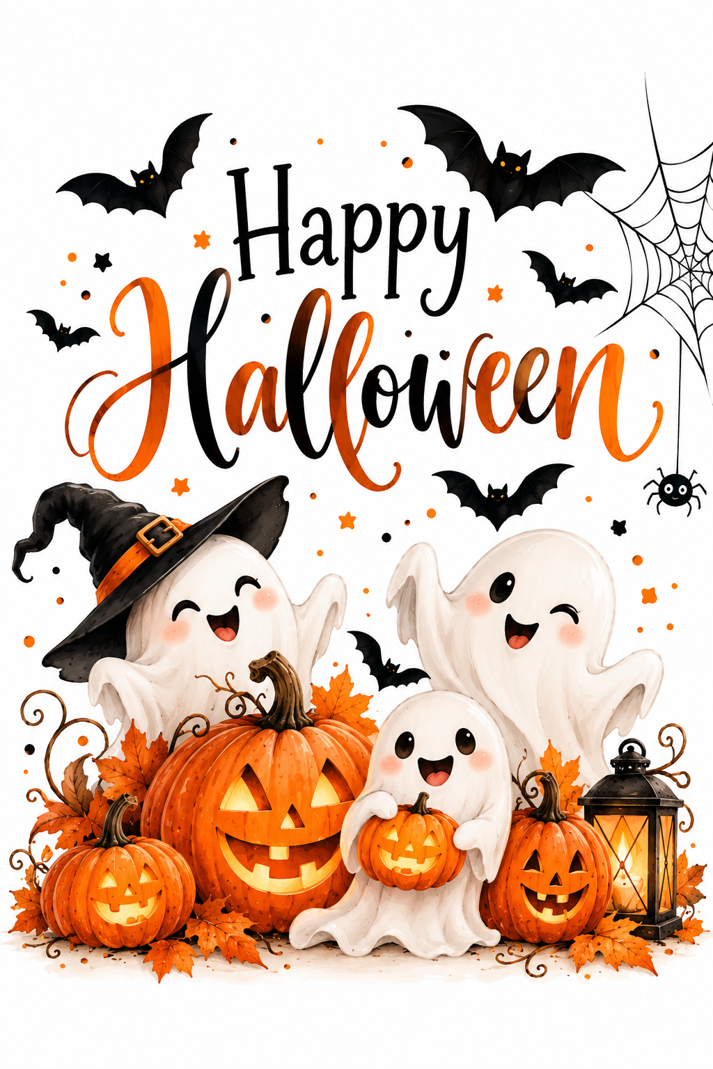 Halloweenkort med søde spøgelser og græskar – Happy Halloween