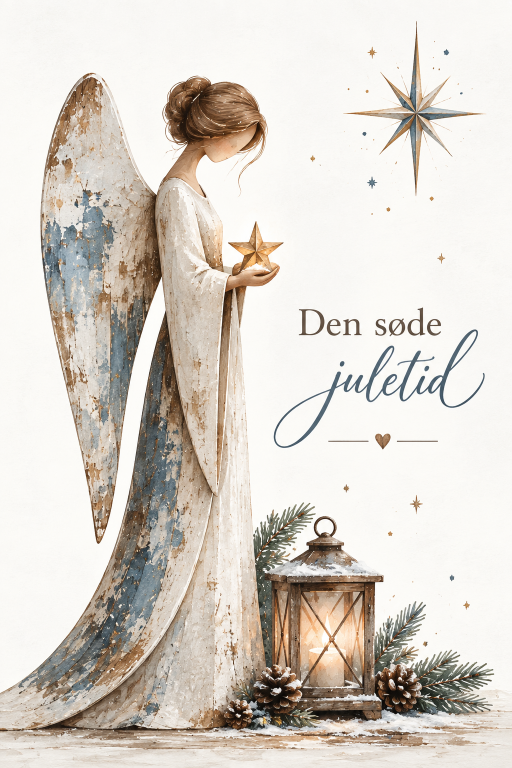 Julekort med engel og stjerne – Den søde juletid