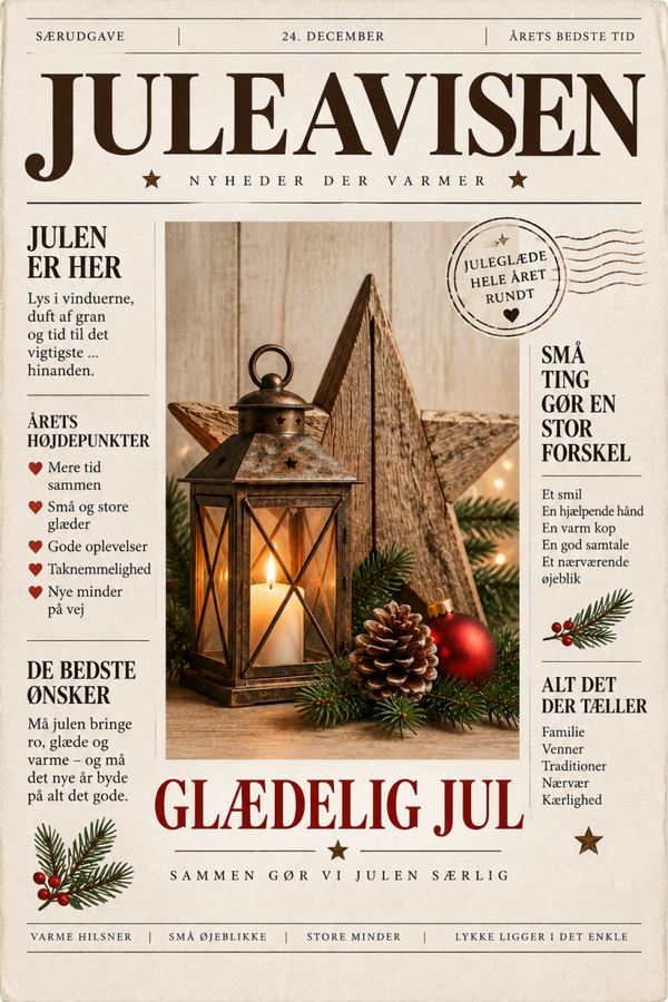 Julekort som juleavis – Glædelig Jul med lanterne og julestjerne
