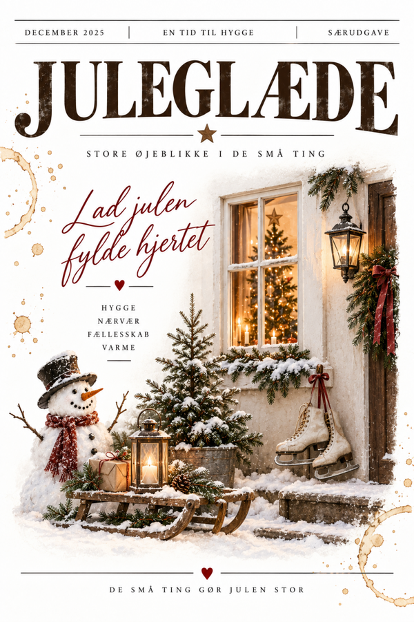 Julekort med snemand og hyggeligt vinterhus – Glædelig Jul
