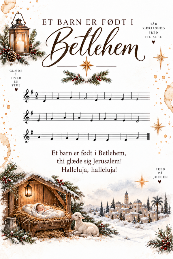 Julekort med julekrybbe – Et barn er født i Betlehem