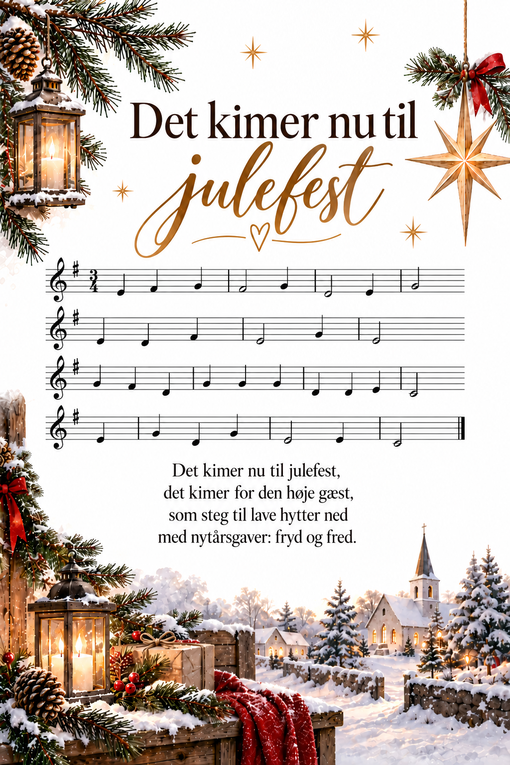 Julekort med julesalmen Det kimer nu til julefest