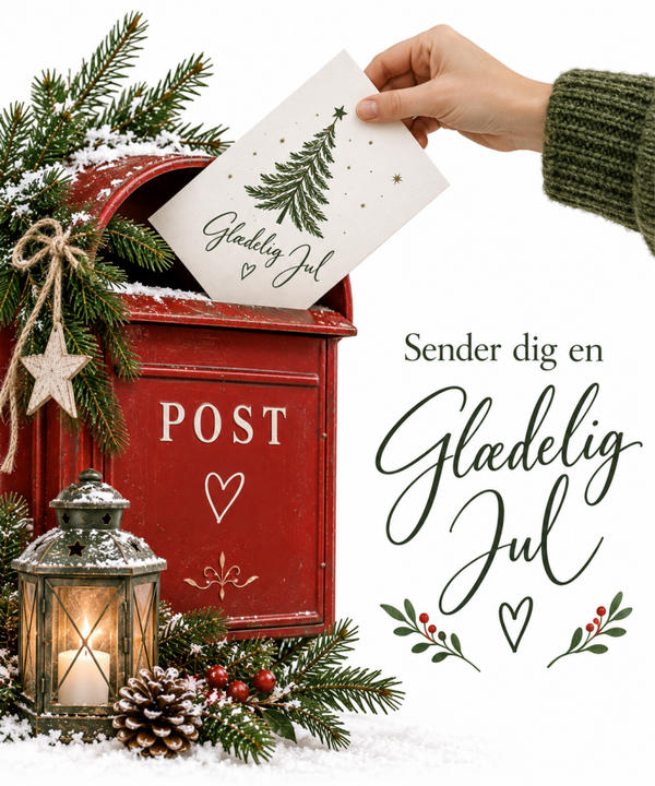 Julekort med rød postkasse og julehilsen – Sender dig en Glædelig Jul