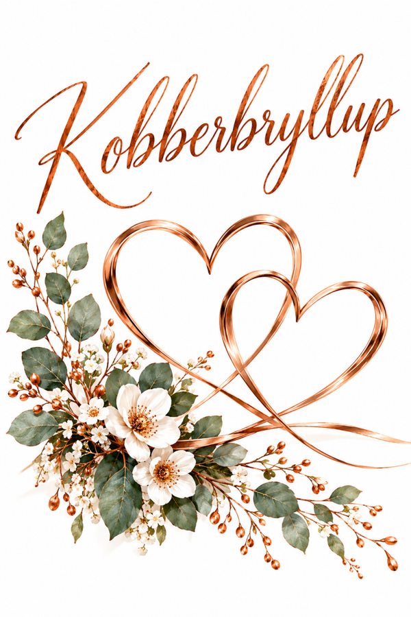 Kobberbryllupskort med kobberhjerter og hvide blomster – 12½ år