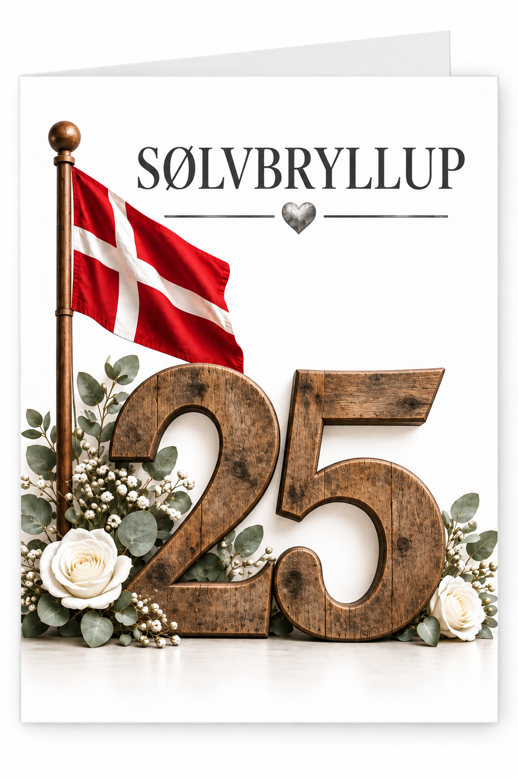 Sølvbryllupskort med trætal, Dannebrog og hvide roser – 25 år