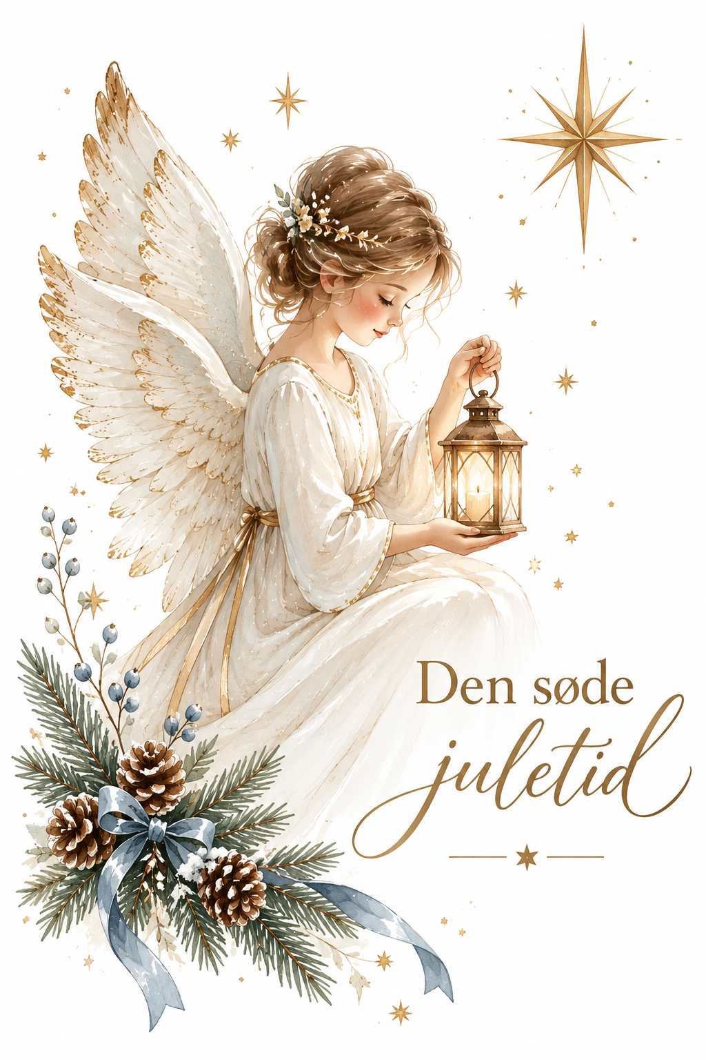 Julekort med engel og lanterne – Den søde juletid