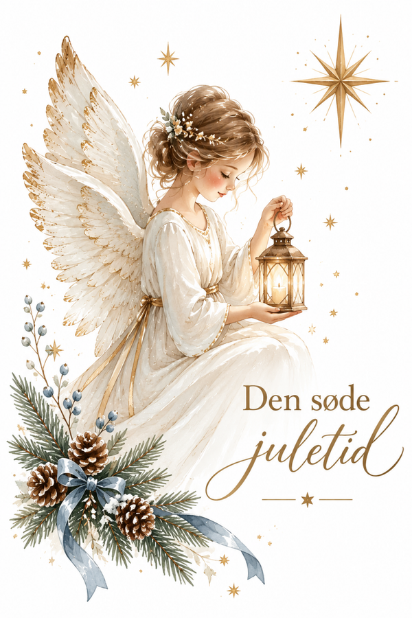 Julekort med engel og lanterne – Den søde juletid