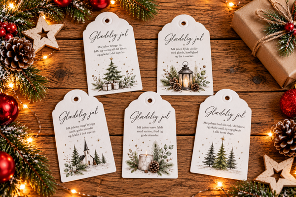 til/fra kort med små tekster og julemotiver