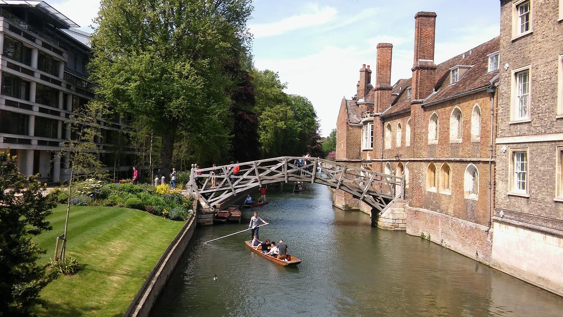 The iconic wooden Mathematical Bridge at Queens' College, Cambridge University.