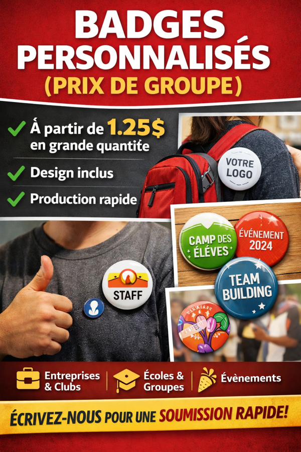 Badges personnalisés.À partir de 1.25$ en grande quantité