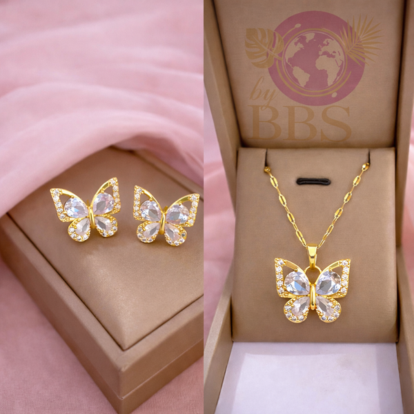 collier boucle d'oreille papillon doré