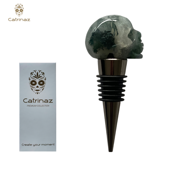 Catrinaz® - Premium bottle stopper with skull - Moss agate 100 % natural stone - Wine stopper - skull - Unique gift
