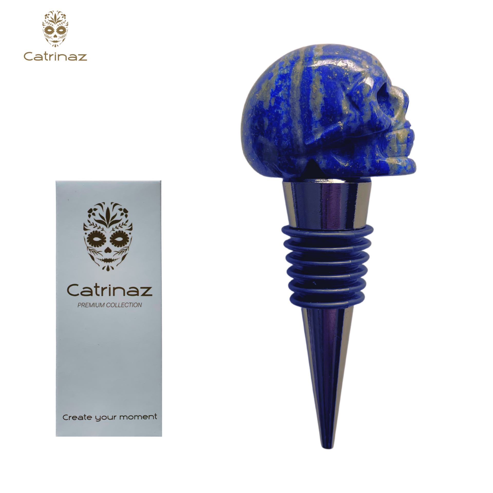 Catrinaz® - Premium bottle stopper with skull - Lapis lazuli 100% natural stone - Wine stopper - gift box - Unique gift