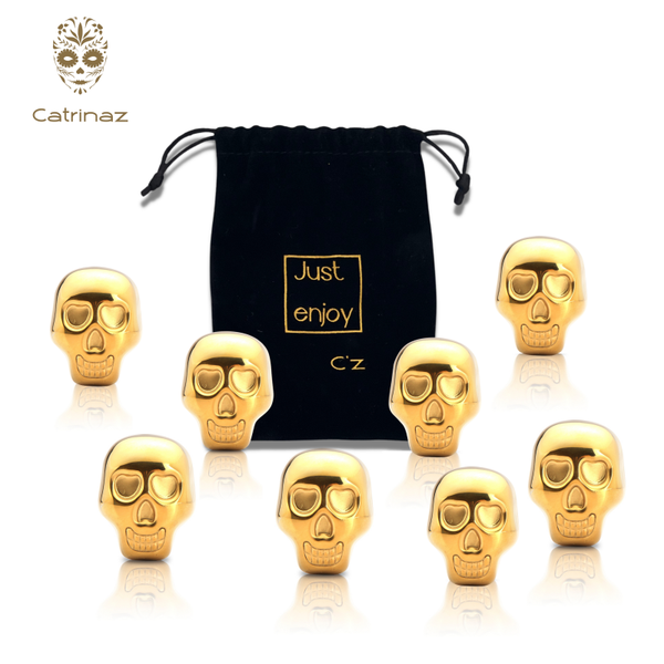 Catrinaz® - Luxury skull whiskey stones - Tequila stones - stainless steel - 8 pieces - Gold color - Unique design - Reusable ice cubes - Velvet storage bag