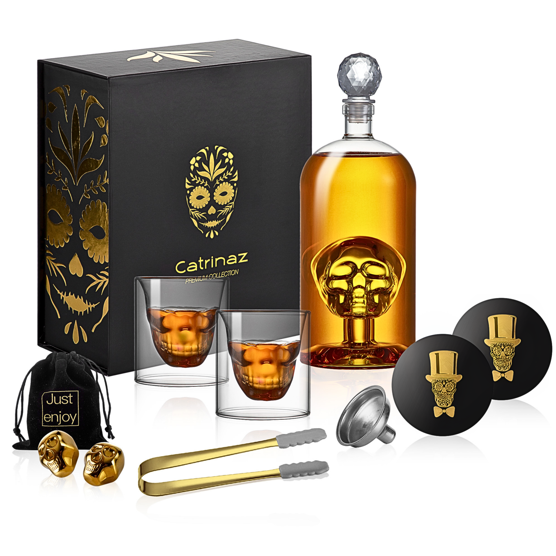 Catrinaz® Luxury Whiskey set - Skull design - Whiskey carafe - tequila carafe - 1L - Incl. 2 golden skull whiskey stones - 2 whiskey glasses - 2 coasters - Unique gift - Luxury gift box - Gift for man