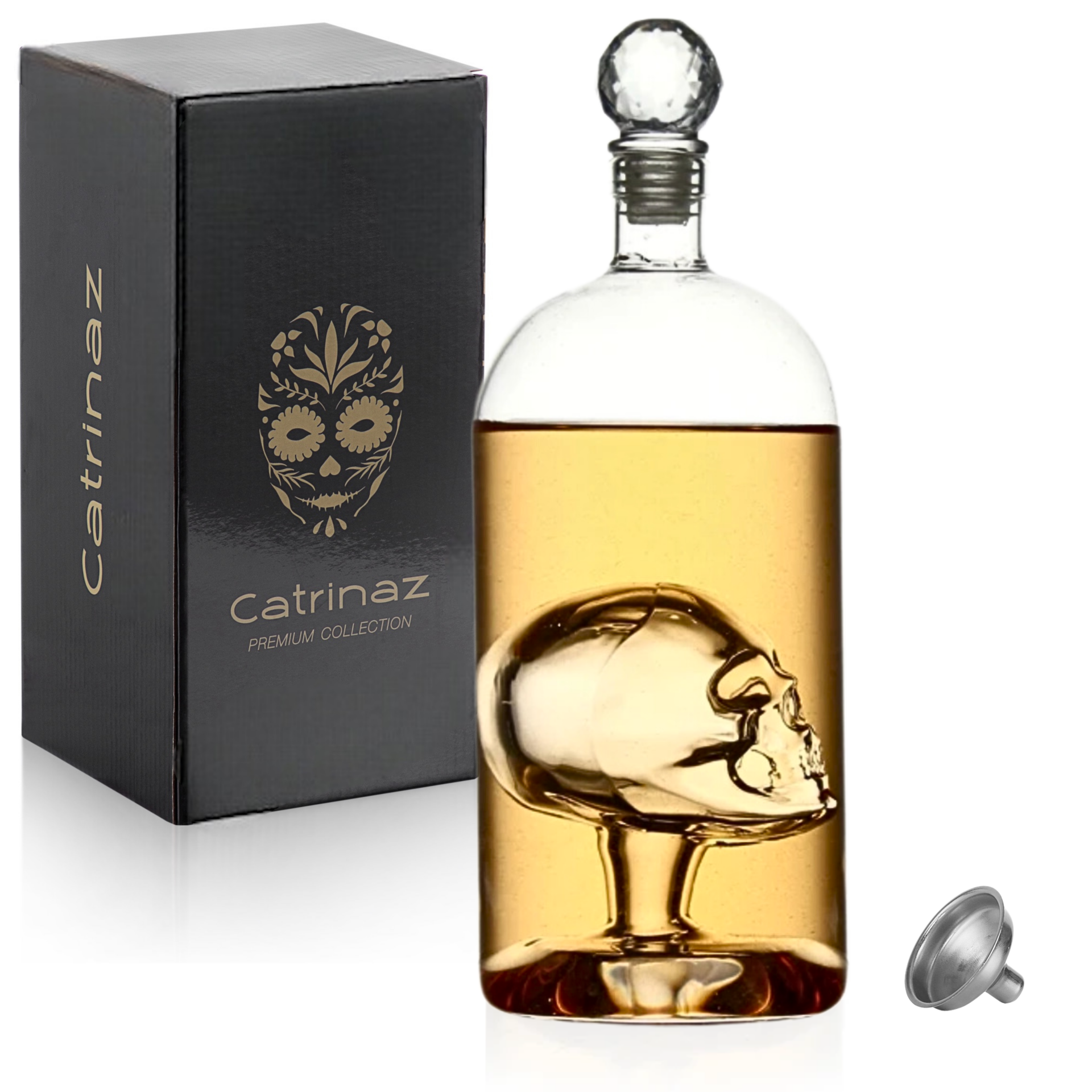 Catrinaz® - Premium spirit carafe with skull design - Decanter -  Whiskey carafe -1L - Luxury gift box