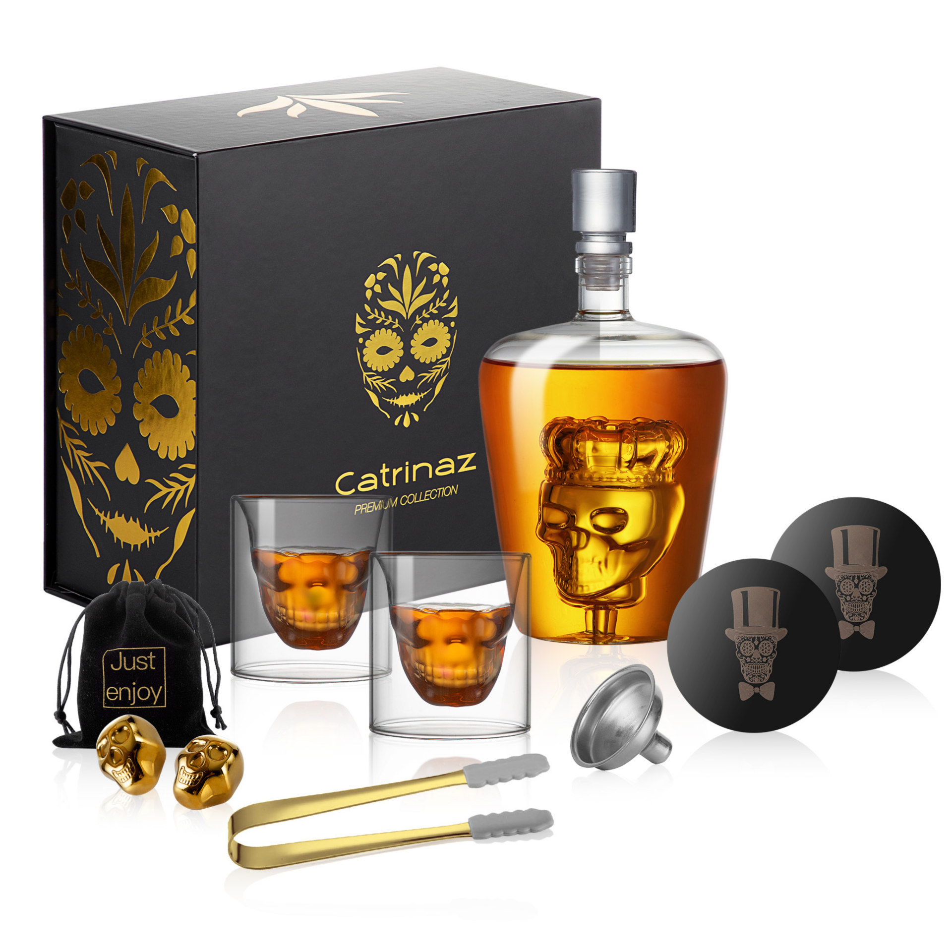 Catrinaz® - Luxury decanter set - skull with crown design - 1 L - Incl. 2 gold colored stainless steel skull ice cubes - 2 unique skull glasses - 2 unique coasters - Luxury gift box