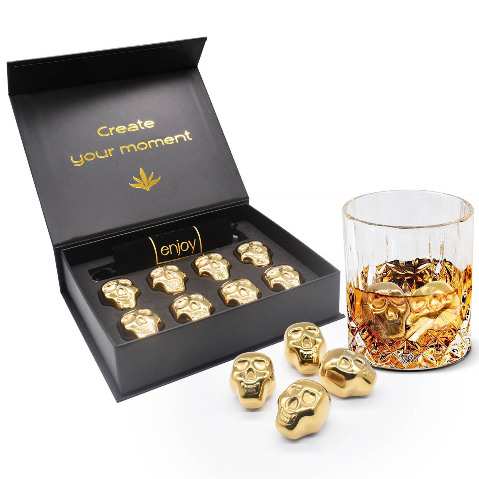 Catrinaz® - Luxury skull whisky stones - Tequila stones - Stainless steel - 8 pieces - Gold color - Ice tong - Velvet storage bag - Gift box