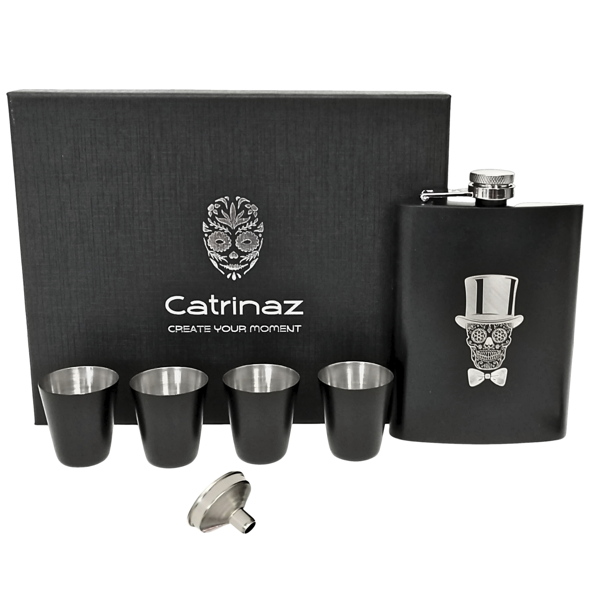 Catrinaz® hip flask - Pocket flask - Unique skull design - Matte black - Platvink - Stainless steel - 4 Shot glasses - Luxury gift box - Gift for man