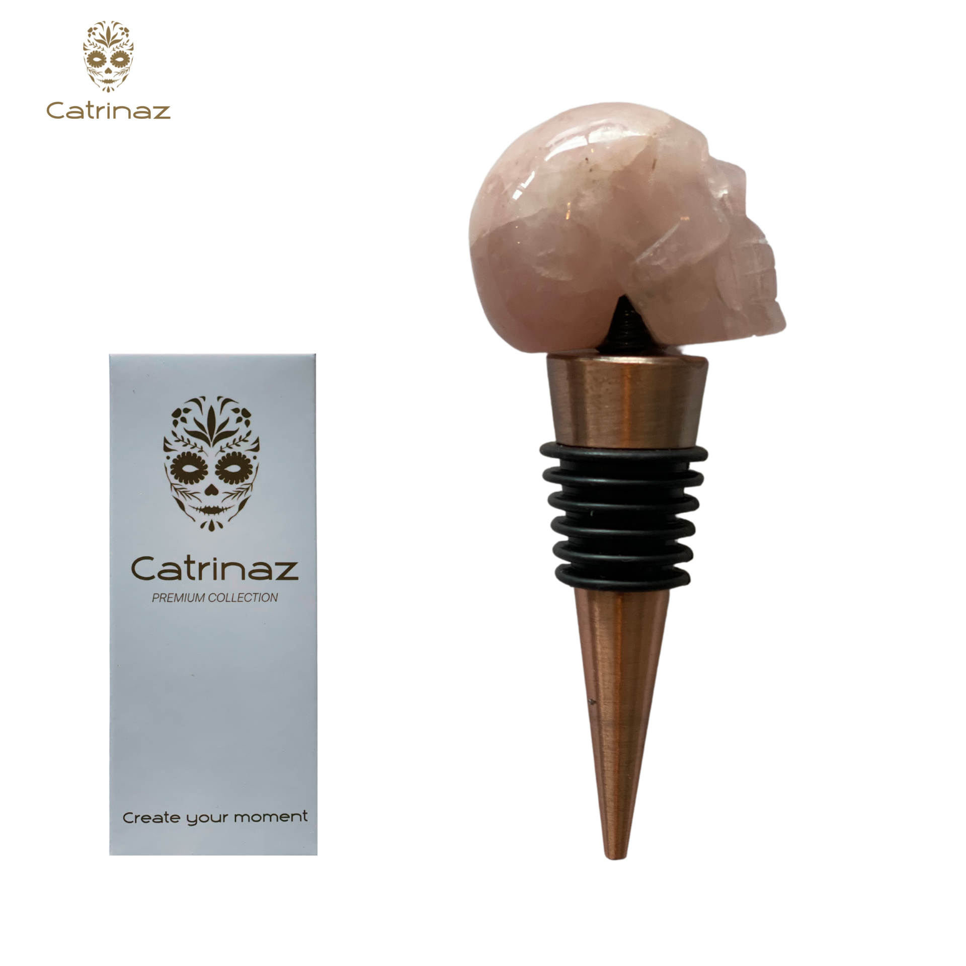 Catrinaz® - Premium bottle stopper with skull - 100% rose quartz natural stone - Wine stopper - gift box - Unique gift