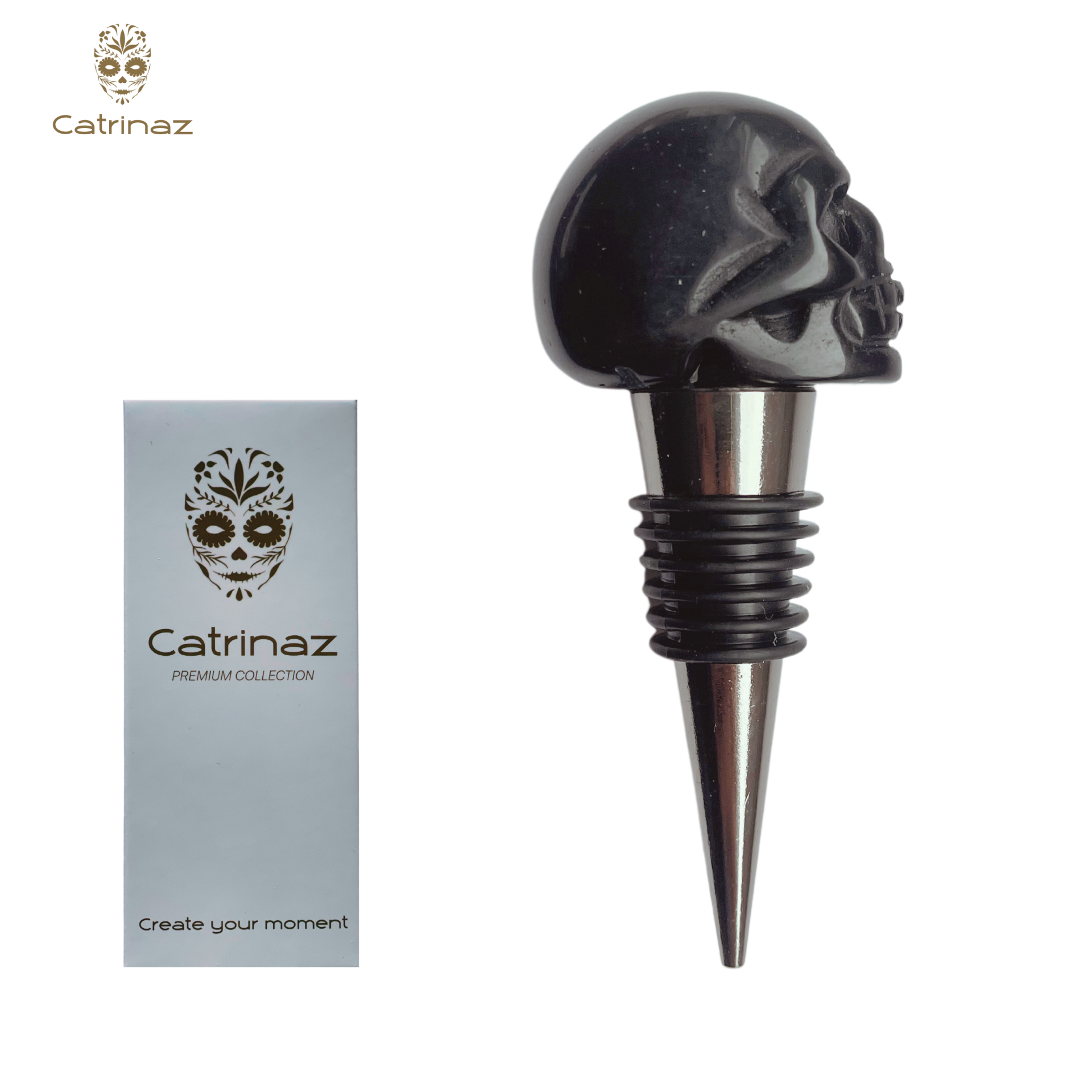 Catrinaz® - Premium bottle stopper with skull - Black obsidian 100% natural stone - Wine stopper - Unique gift