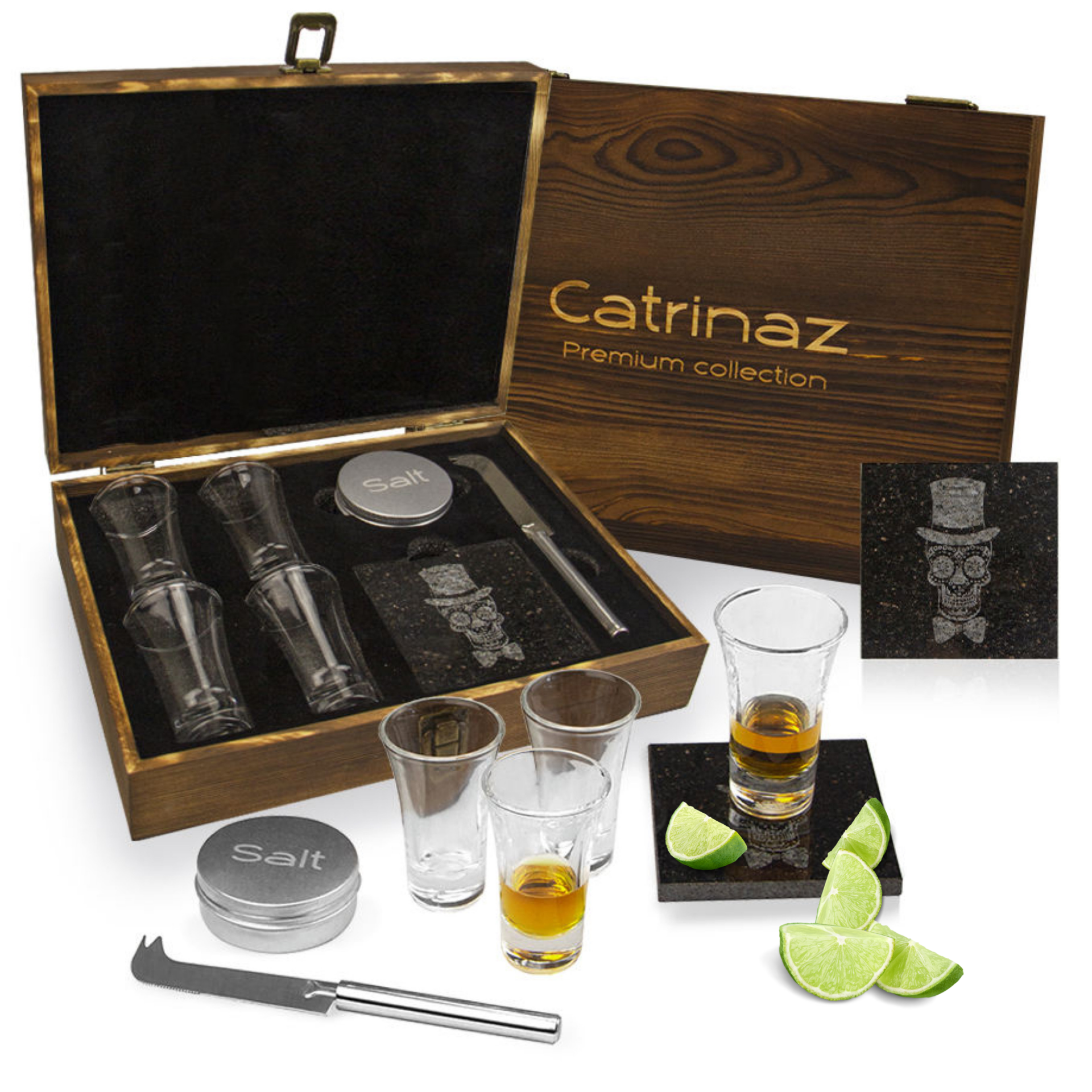 Catrinaz® - Premium shot glasses set - 4 Premium shot glasses - 6cl -Luxury wooden gift box - cutting stone - cutting knife - salt jar - Mexican skull print -Unique gift - Luxury wooden gift box