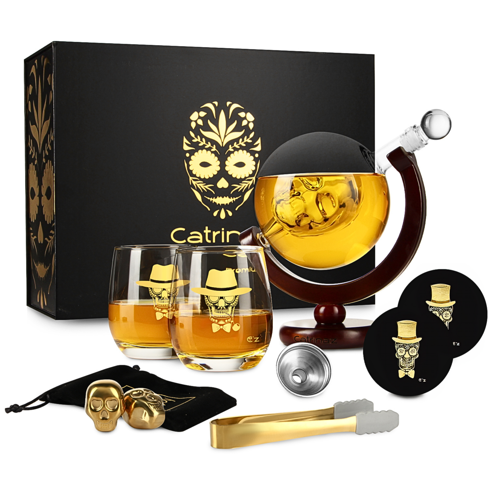 Catrinaz® - Luxury decanter set in  skull design - 0.9 L - Incl. 2 gold colored stainless steel ice blocks in skull shape - - 2 unique tumbler glasses - 2 unique coasters - Unique gift
