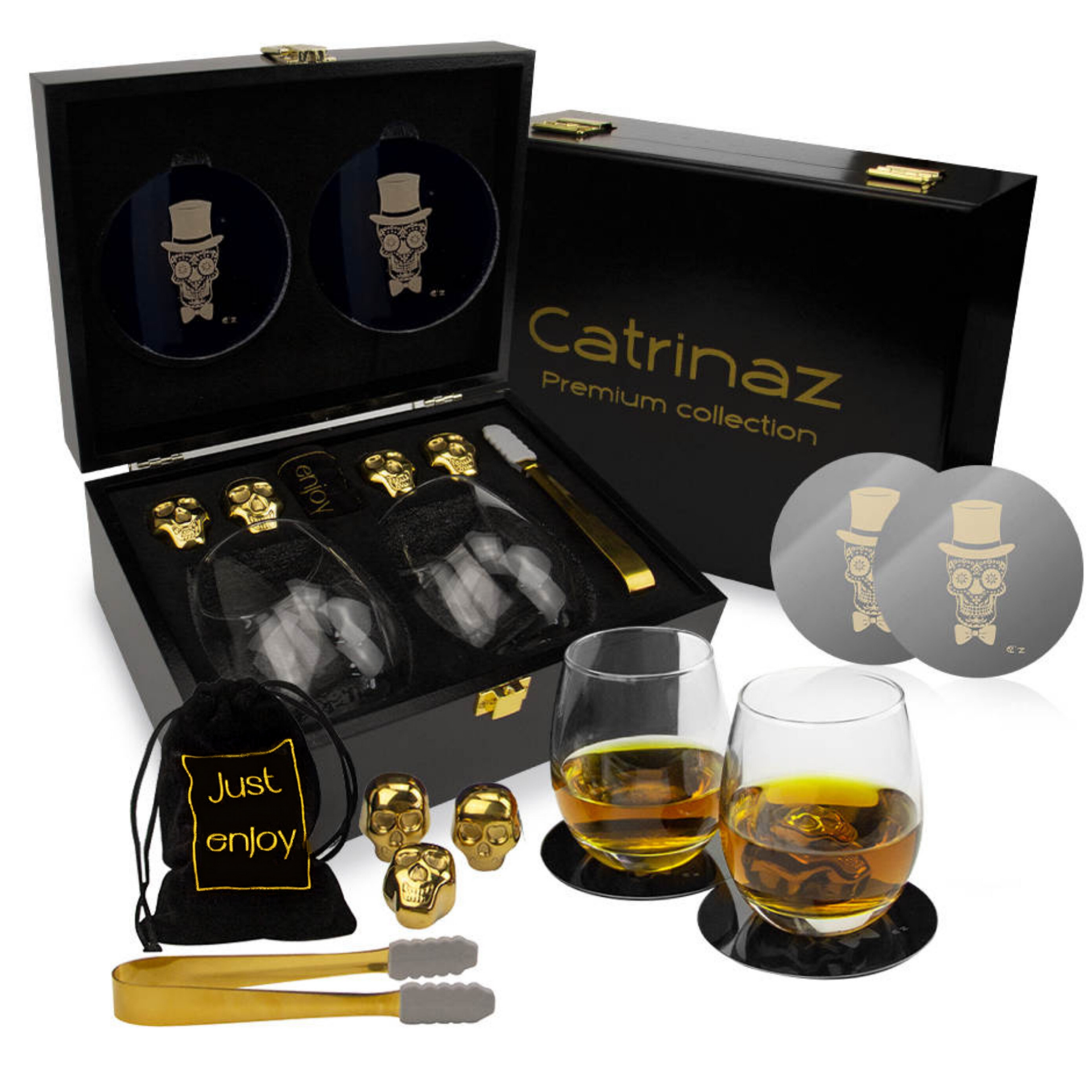 Catrinaz® - Luxury whiskey / spirit set - Incl. 2 premium tumblers 350 ml - 4 gold-colored stainless steel ice blocks in skull shape - 2 unique coasters - Velvet storage bag - Ice tong - Luxury gift box - Unique gift