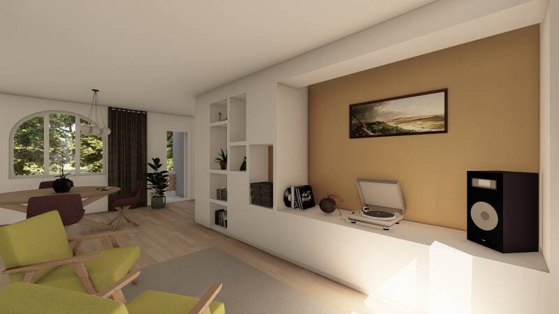 vue 3D du salon média rénovation d'une maison