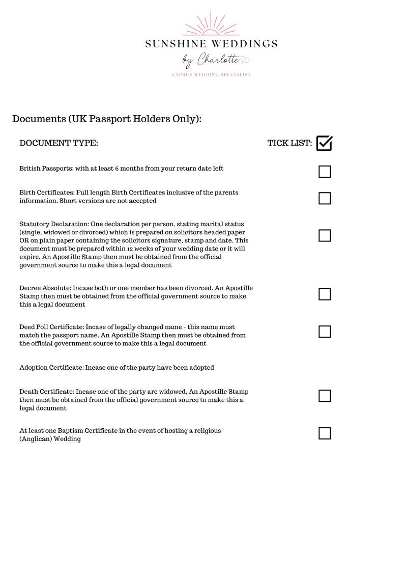 Wedding documents legal tick list civil wedding in cyprus