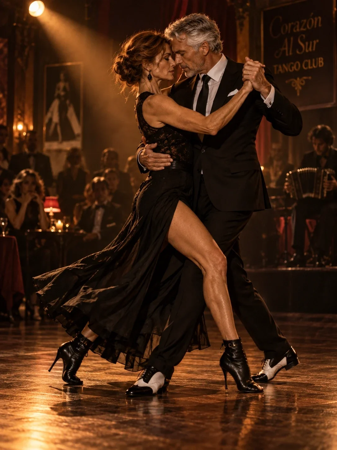 Een danspaar voert sierlijke passen en kruisingen uit tijdens een Argentijnse tango, innig omhelsd op een sfeervol verlichte dansvloer.