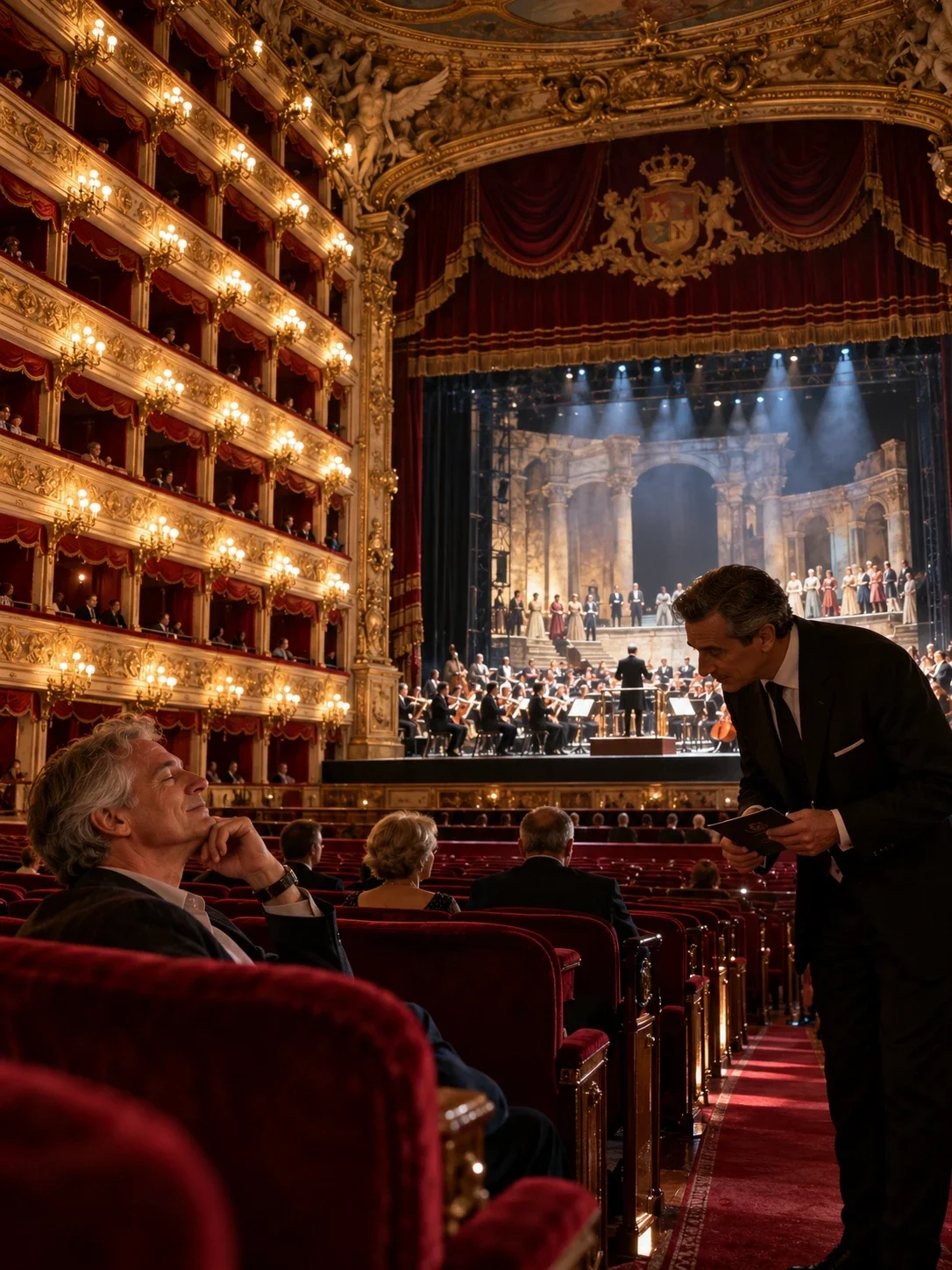 In een rijkversierd operagebouw met gouden balkons en rode fluwelen zetels spreekt een elegant geklede man een grijsharige bezoeker aan, terwijl het orkest op het podium speelt.