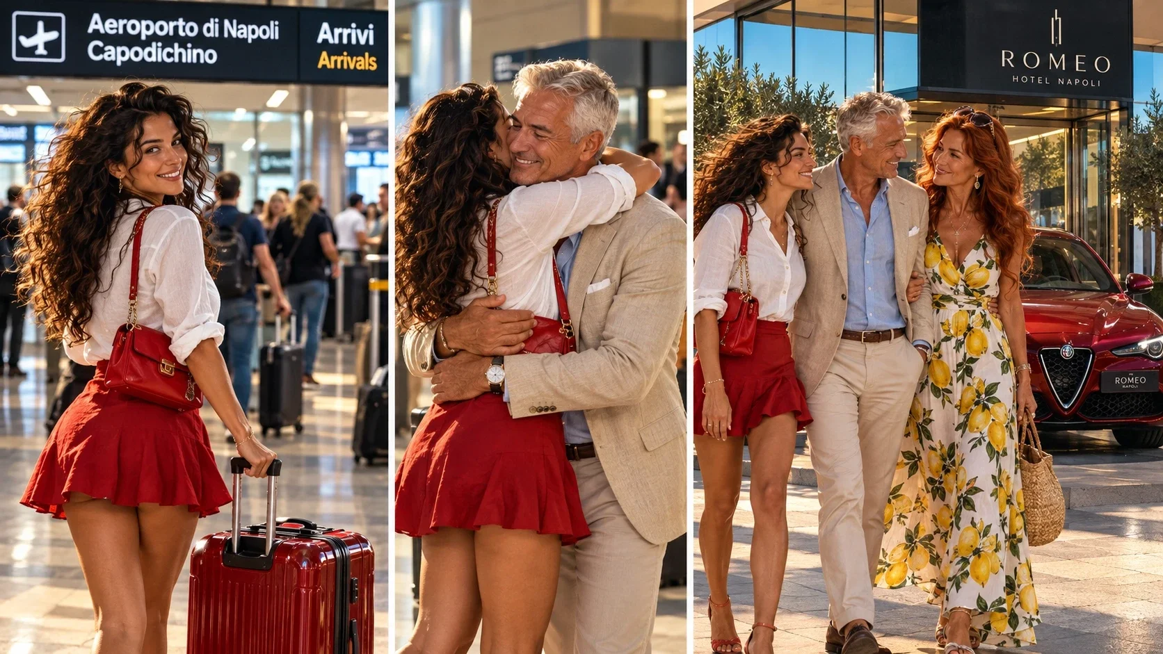 Een fotocollage toont een jonge vrouw die aankomt op de luchthaven van Napels, een warme omhelzing en een ontmoeting bij een hotel.