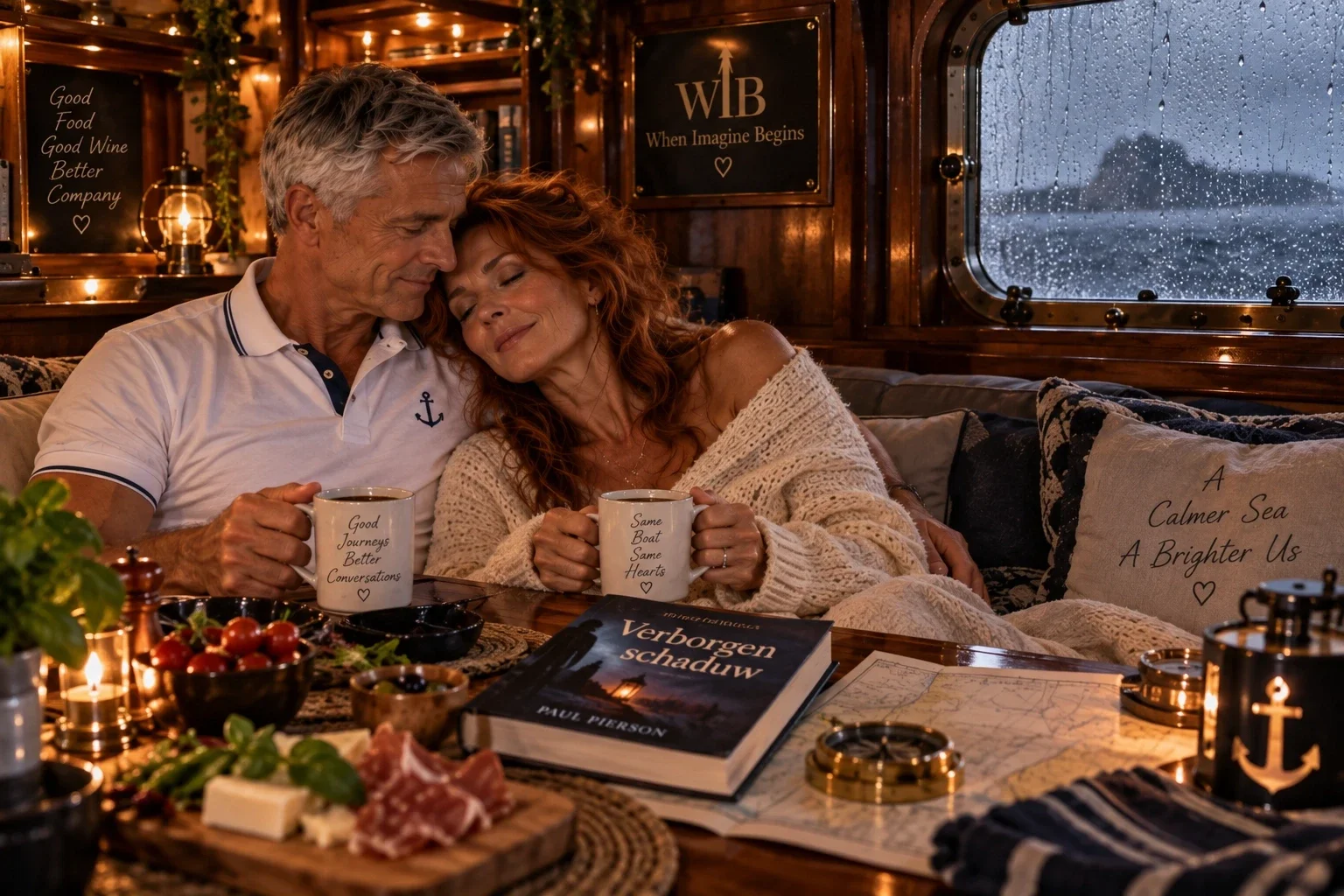 Een koppel zit innig tegen elkaar aan met warme drankjes in de sfeervol verlichte kajuit, terwijl de regen tegen de ramen tikt.